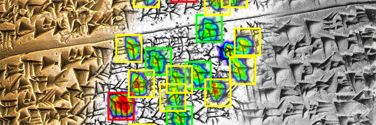 Zusammengesetztes Bild einer Keilschrifttafel mit Bildverarbeitungsinformationen